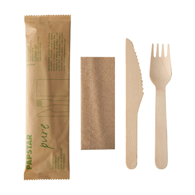 Papstar 50 Besteckset, Holz &quot;pure&quot; : Messer, Gabel, Serviette in Papierbeutel