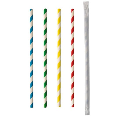 Papstar 100 Trinkhalme, Papier &Oslash; 6 mm &Acirc;&middot; 20 cm farbig sortiert &quot;Stripes&quot; einzeln geh&uuml;llt