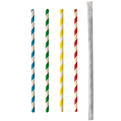 Papstar 100 Trinkhalme, Papier &Oslash; 6 mm x 20 cm farbig sortiert "Stripes" einzeln geh&uuml;llt