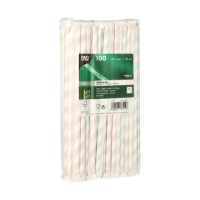 Papstar 100 Trinkhalme, Papier &Oslash; 6 mm x 20 cm farbig sortiert "Stripes" einzeln geh&uuml;llt