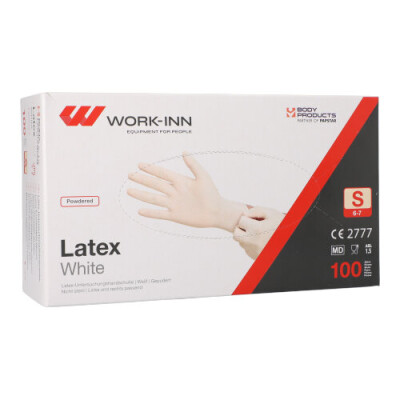 100 &quot;WORK-INN&quot; Handschuhe, Latex gepudert &quot;White&quot; weiss - natur Gr&ouml;&szlig;e S