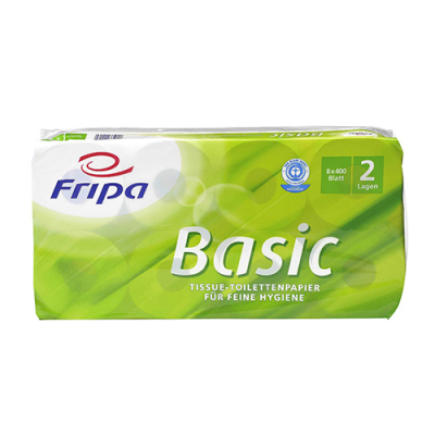 8 Rollen Toilettenpapier, 2-lagiges Tissue &Oslash; 12 cm x 9,8 cm x 11,8 cm weiss "Basic" 400 Blatt