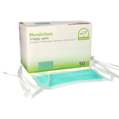 50 Medi-Inn&reg; Mundschutz Type IIR 3-lagig 9 cm x 17,5 cm gr&uuml;n mit Nasenb&uuml;gel, zum Binden