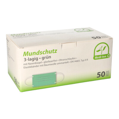 50 Medi-Inn&reg; Mundschutz Type IIR 3-lagig 9 cm x 17,5 cm gr&uuml;n mit Nasenb&uuml;gel und Elastikb&auml;nder
