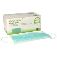 50 Medi-Inn&reg; Mundschutz Type IIR 3-lagig 9 cm x 17,5 cm gr&uuml;n mit Nasenb&uuml;gel und Elastikb&auml;nder