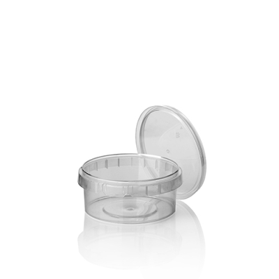 36 Feinkostbecher, PP 240 ml &Oslash; 9,5 cm x 5,6 cm transparent mit Originalit&auml;tsverschluss