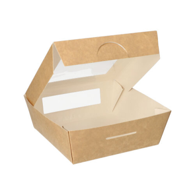 25 Feinkostboxen, Pappe mit Sichtfenster aus PLA eckig 750 ml 14 cm x 14 cm x 5 cm braun