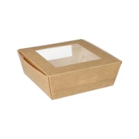 25 Feinkostboxen, Pappe mit Sichtfenster aus PLA eckig 750 ml 14 cm x 14 cm x 5 cm braun