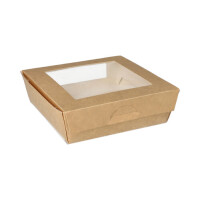 Papstar 25 Feinkostboxen, Pappe mit Sichtfenster aus PLA eckig 1000 ml 16 cm x 16 cm x 5 cm braun