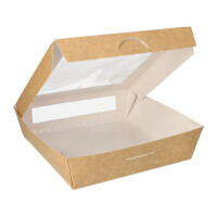 Papstar 25 Feinkostboxen, Pappe mit Sichtfenster aus PLA eckig 1500 ml 19 cm x 19 cm x 5 cm braun