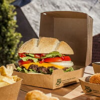 25 Burgerboxen, Pappe 9 cm x 18,5 cm x 18,5 cm braun &quot;100% Fair&quot; extra gro&szlig;