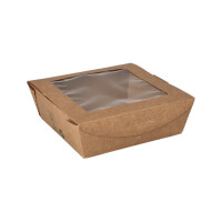 40 Feinkostboxen, Pappe mit Sichtfenster aus PLA eckig 650 ml 4,5 cm x 12 cm x 12 cm braun &quot;100% Fair&quot;