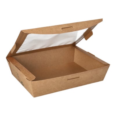 40 Feinkostboxen, Pappe mit Sichtfenster aus PLA &quot;pure&quot; eckig 1000 ml 4,5 cm x 18 cm x 13,5 cm braun &quot;100% Fair&quot;