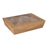 40 Feinkostboxen, Pappe mit Sichtfenster aus PLA &quot;pure&quot; eckig 1000 ml 4,5 cm x 18 cm x 13,5 cm braun &quot;100% Fair&quot;