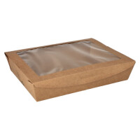 40 Feinkostboxen, Pappe mit Sichtfenster aus PLA &quot;pure&quot; eckig 1500 ml 4,5 cm x 21 cm x 16 cm braun &quot;100% Fair&quot;