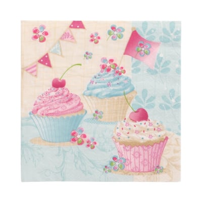 20 Servietten, 3-lagig 1/4-Falz 33 cm x 33 cm &quot;Birthday Cup Cakes&quot;