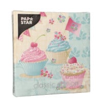 Papstar 20 Servietten, 3-lagig 1/4-Falz 33 cm x 33 cm &quot;Birthday Cup Cakes&quot;