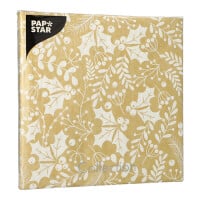 Papstar 20 Servietten, 3-lagig 1/4-Falz 40 cm x 40 cm gold &quot;Houx et Gui&quot;