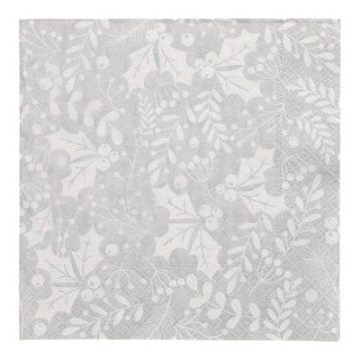 20 Servietten, 3-lagig 1/4-Falz 40 cm x 40 cm silber &quot;Houx et Gui&quot;