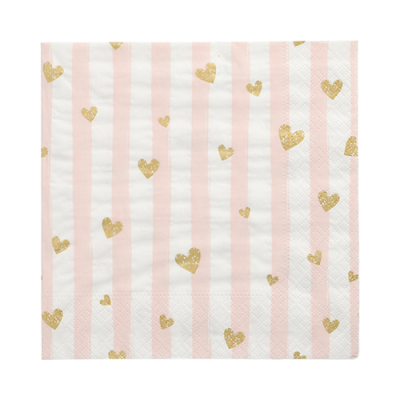 30 Servietten, 3-lagig 1/4-Falz 33 cm x 33 cm pink &quot;Golden Hearts&quot;