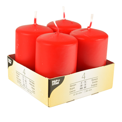 4 Stumpenkerzen &Oslash; 50 mm x 80 mm rot