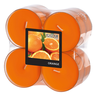 8 "Flavour by GALA" Maxi Duftlichte &Oslash; 59 mm x 24 mm orange - Orange in Polycarbonath&uuml;lle